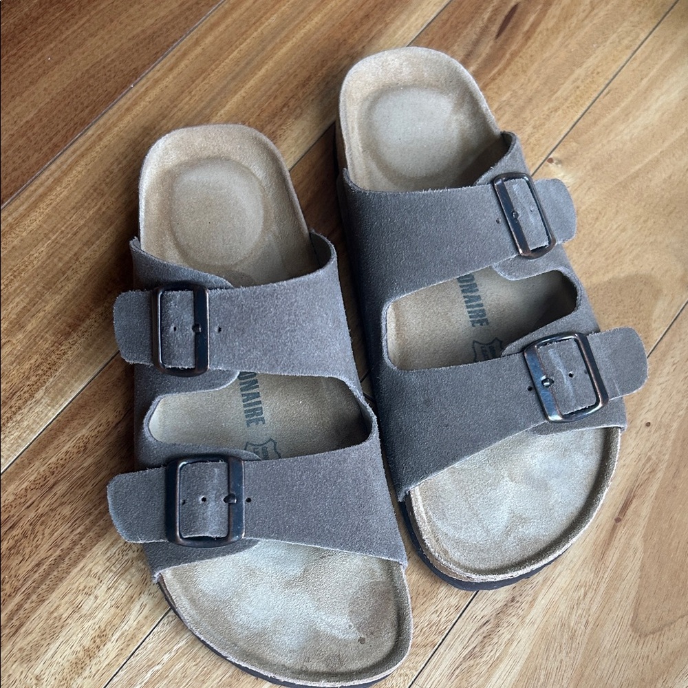 Double Strap Suede Slide Sandals in Taupe